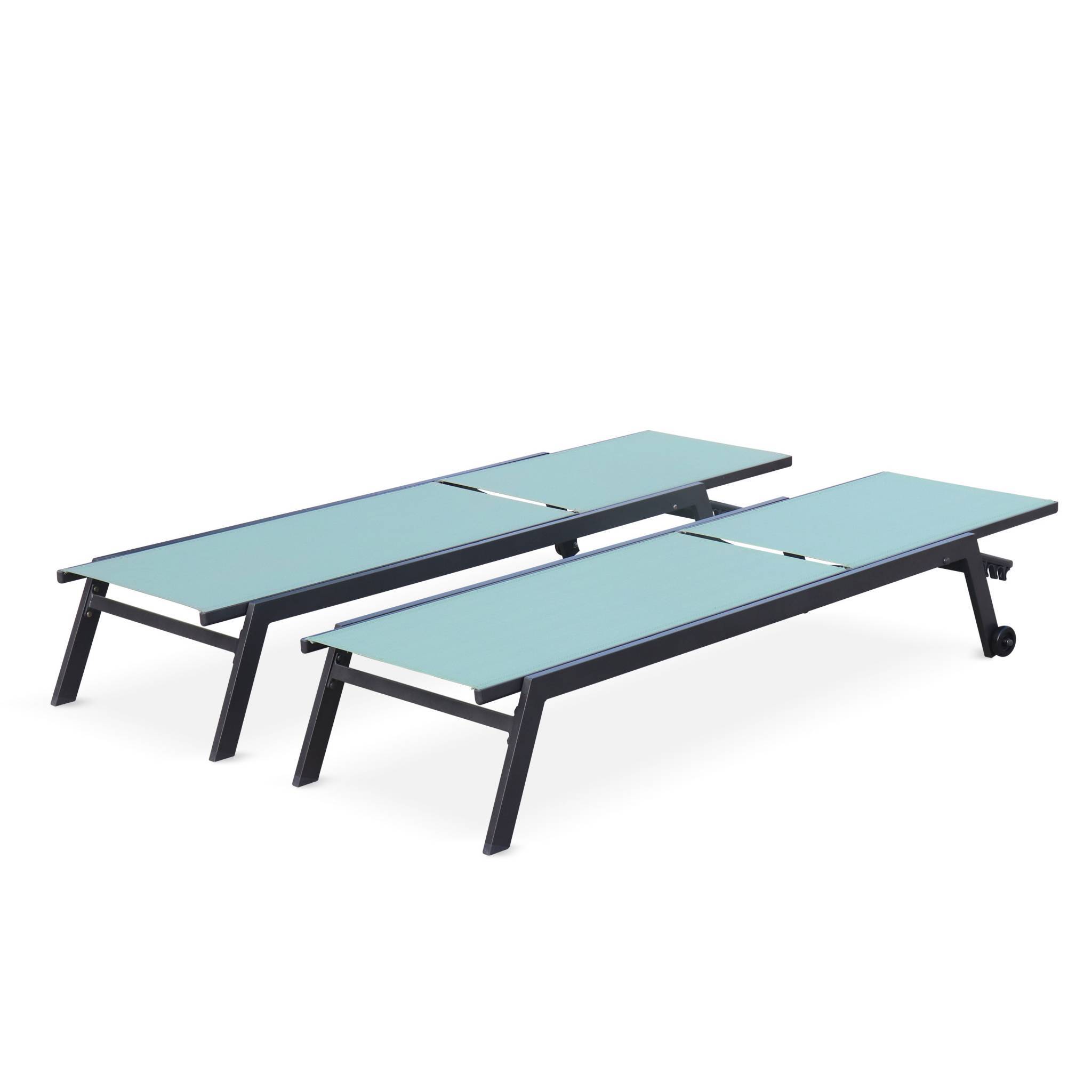 Lot de 2 bains de soleil ELSA en aluminium gris anthracite et textilène vert de gris. transats multi positions avec roulettes | sweeek - Image 3