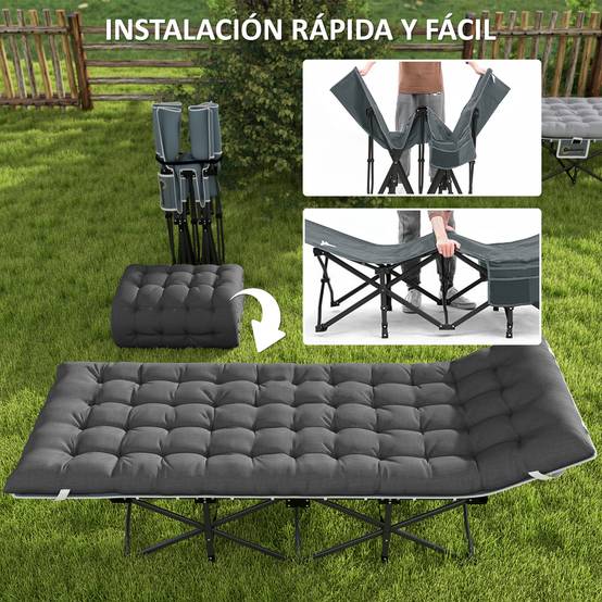 Lit de camping pliant avec matelas amovible, appui-tête et sac de transport 186 x 68 x 37 cm Gris foncé - Image 9