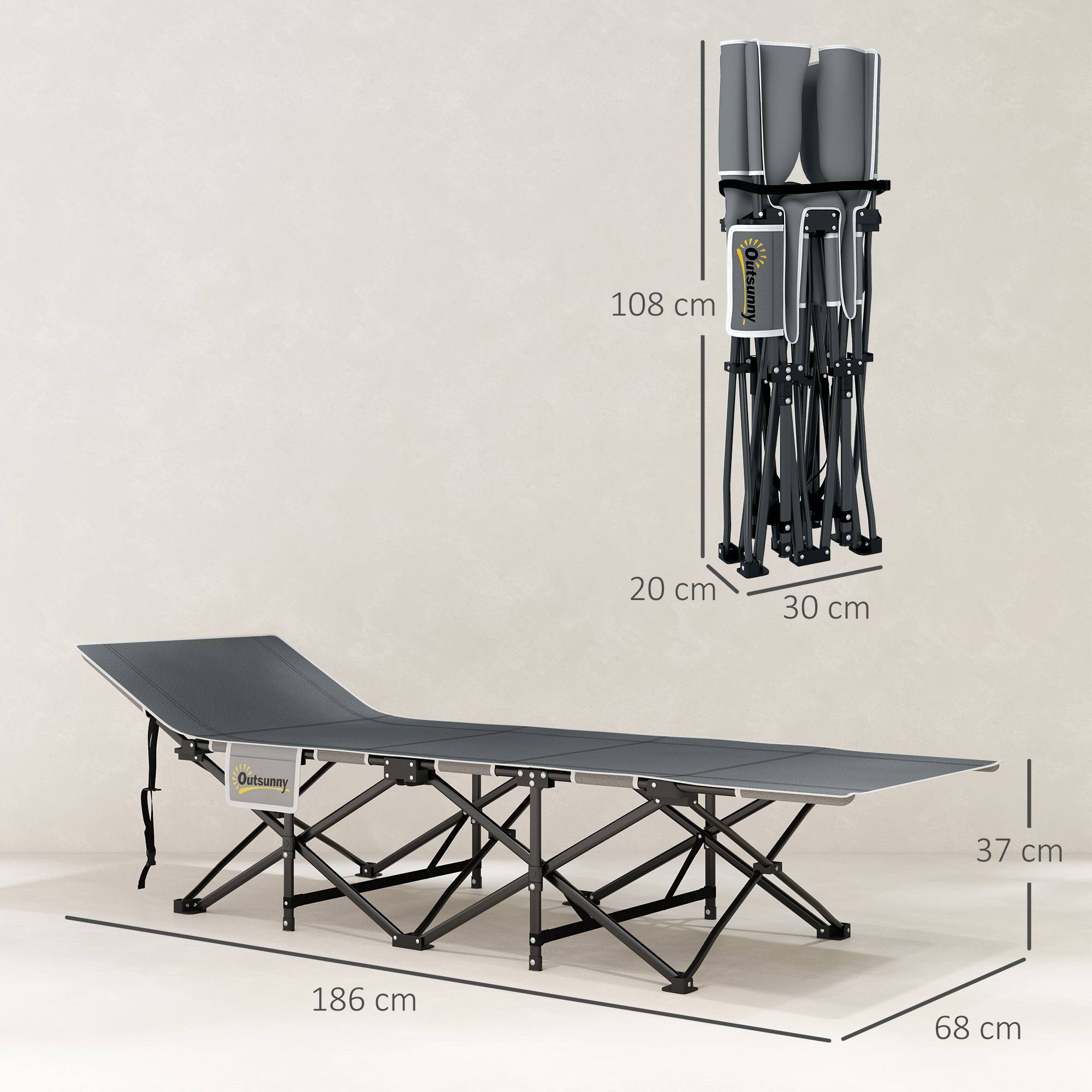 Lit de camping pliant avec matelas amovible, appui-tête et sac de transport 186 x 68 x 37 cm Gris foncé - Image 5