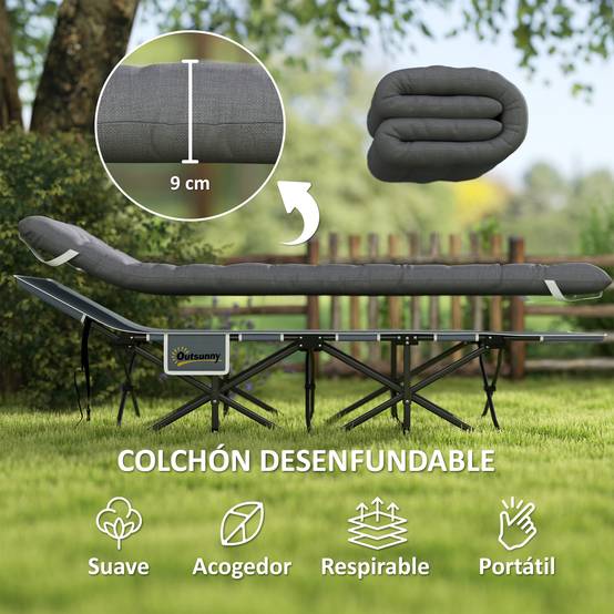 Lit de camping pliant avec matelas amovible, appui-tête et sac de transport 186 x 68 x 37 cm Gris foncé - Image 6