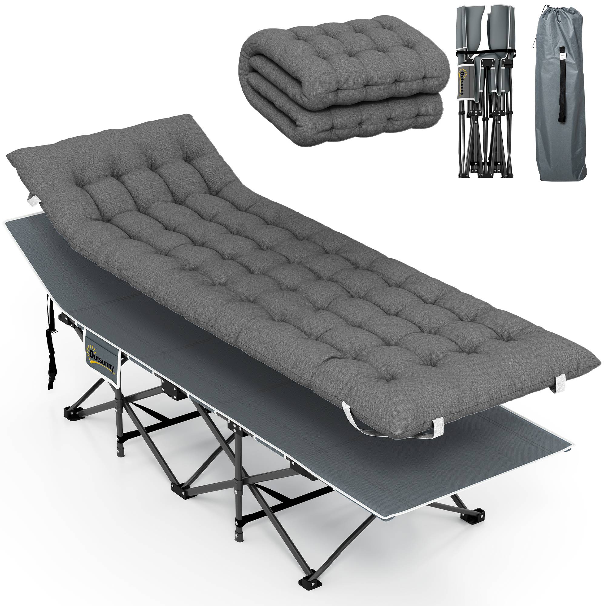 Lit de camping pliant avec matelas amovible, appui-tête et sac de transport 186 x 68 x 37 cm Gris foncé