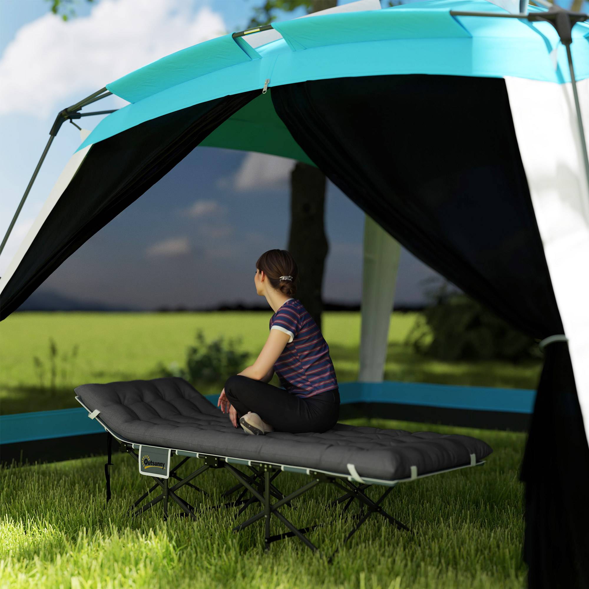 Lit de camping pliant avec matelas amovible, appui-tête et sac de transport 186 x 68 x 37 cm Gris foncé - Image 4