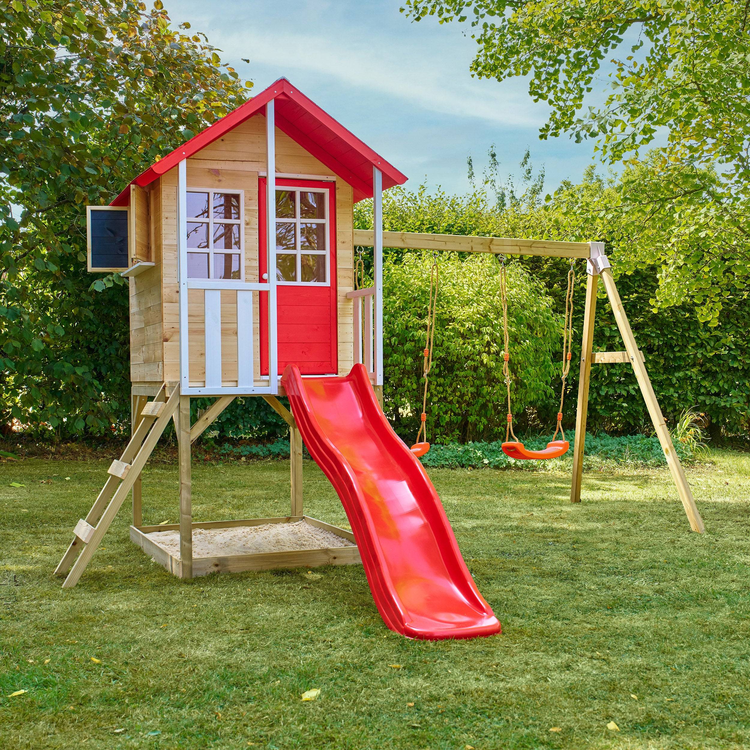 Maisonnette modulable sur pilotis avec balcon, glissière et deux balançoires COQUELICOT en bois FSC® - Image 9