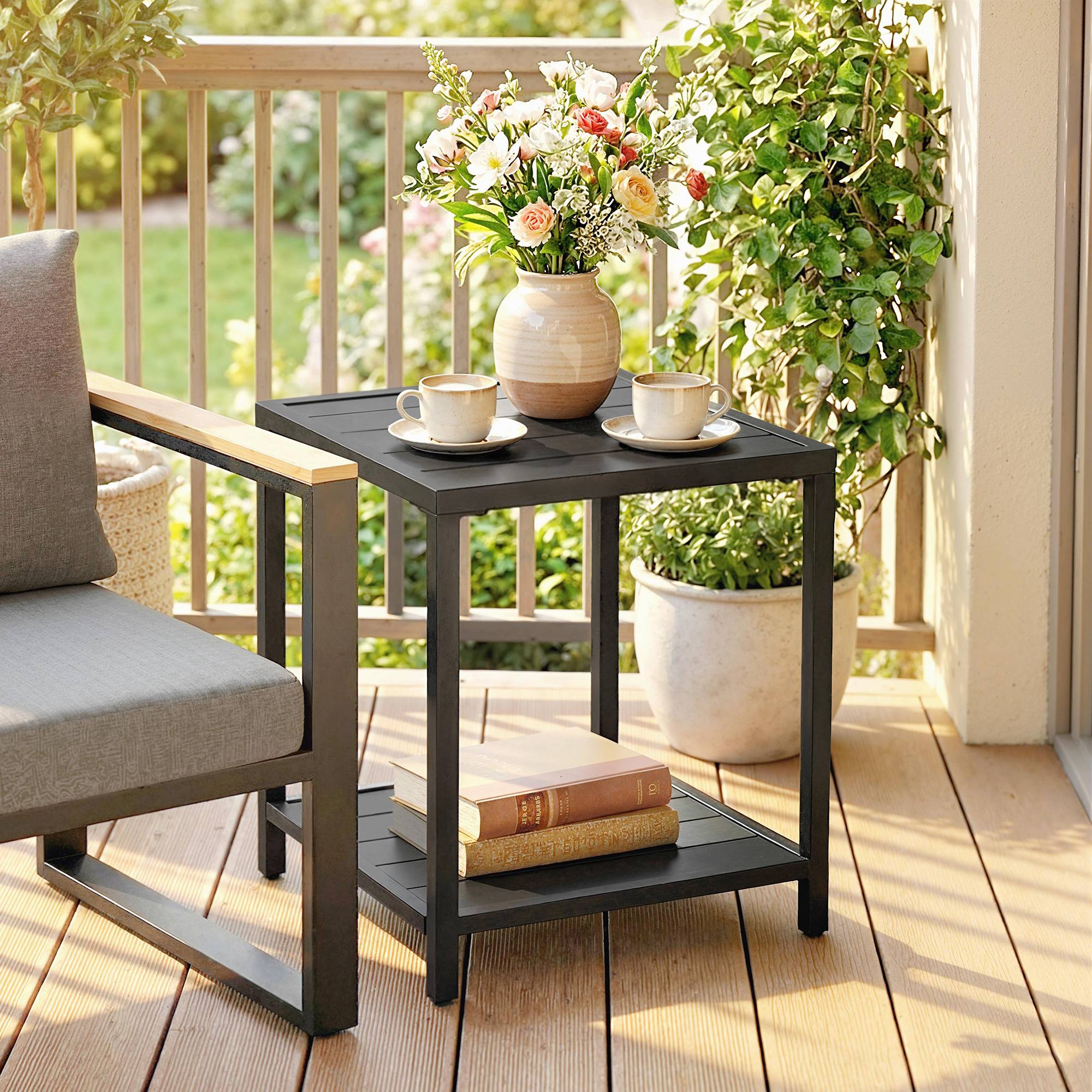 Sans Marque - Table basse extérieure à 2 niveaux en métal, table de jardin carrée avec étagère de rangement, 45 x 45 x 54 cm, noir - Image 3