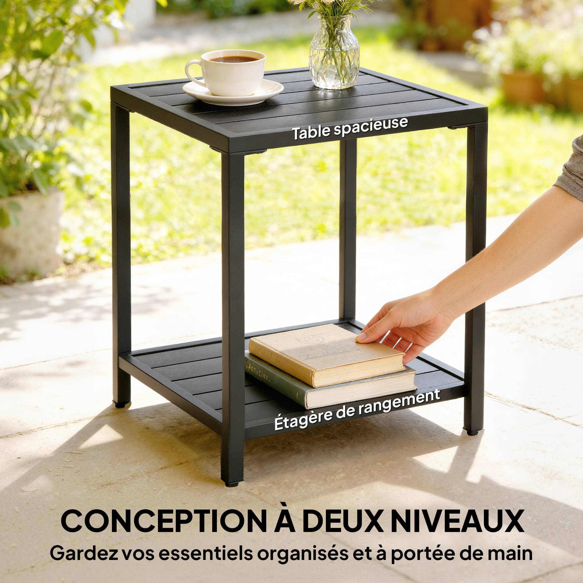 Sans Marque - Table basse extérieure à 2 niveaux en métal, table de jardin carrée avec étagère de rangement, 45 x 45 x 54 cm, noir - Image 6