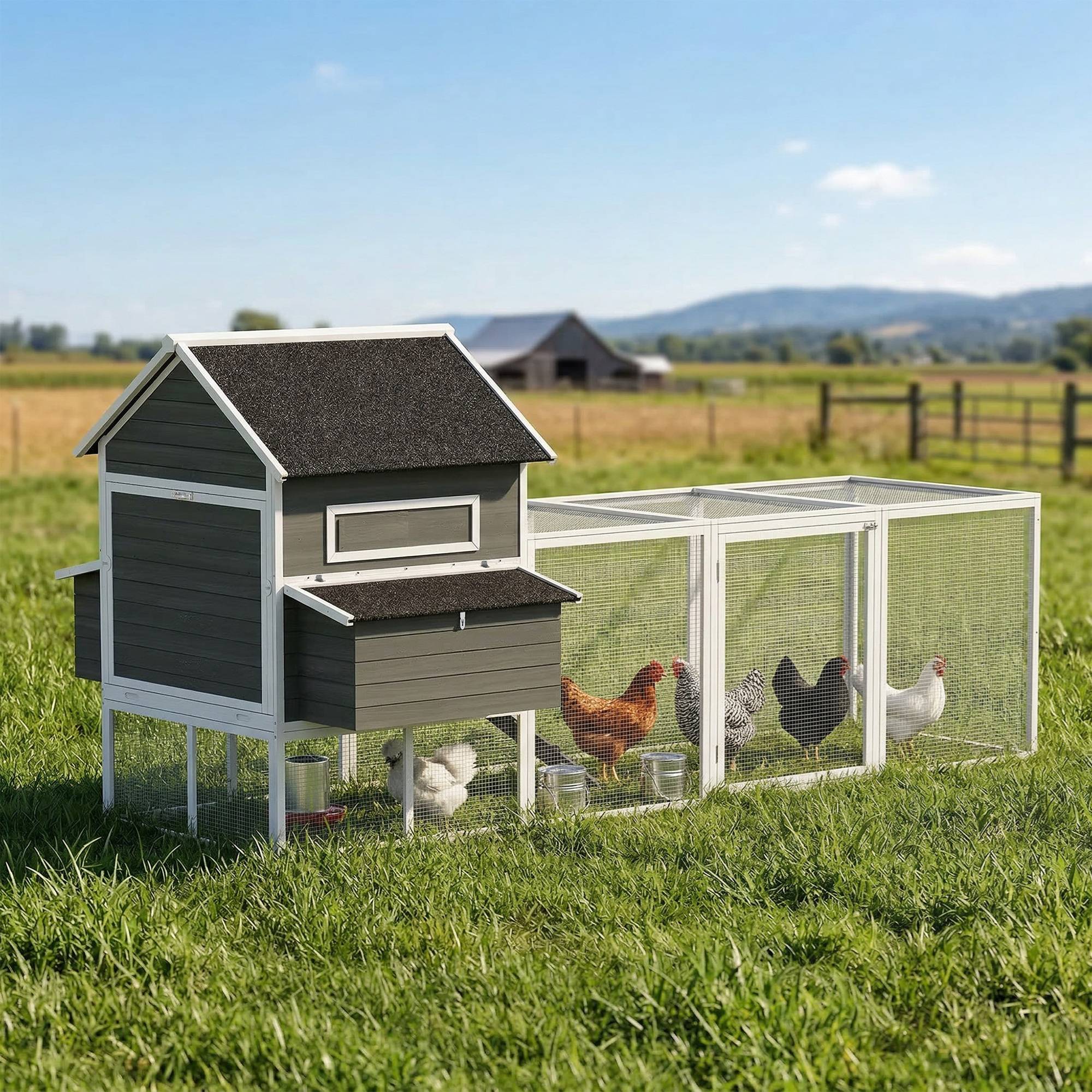 Sans Marque - Poulailler bois, enclos, nichoir, toit asphalté, bac amovible, 4-6 poules, 347x160x150 cm, Gris foncé - Image 4