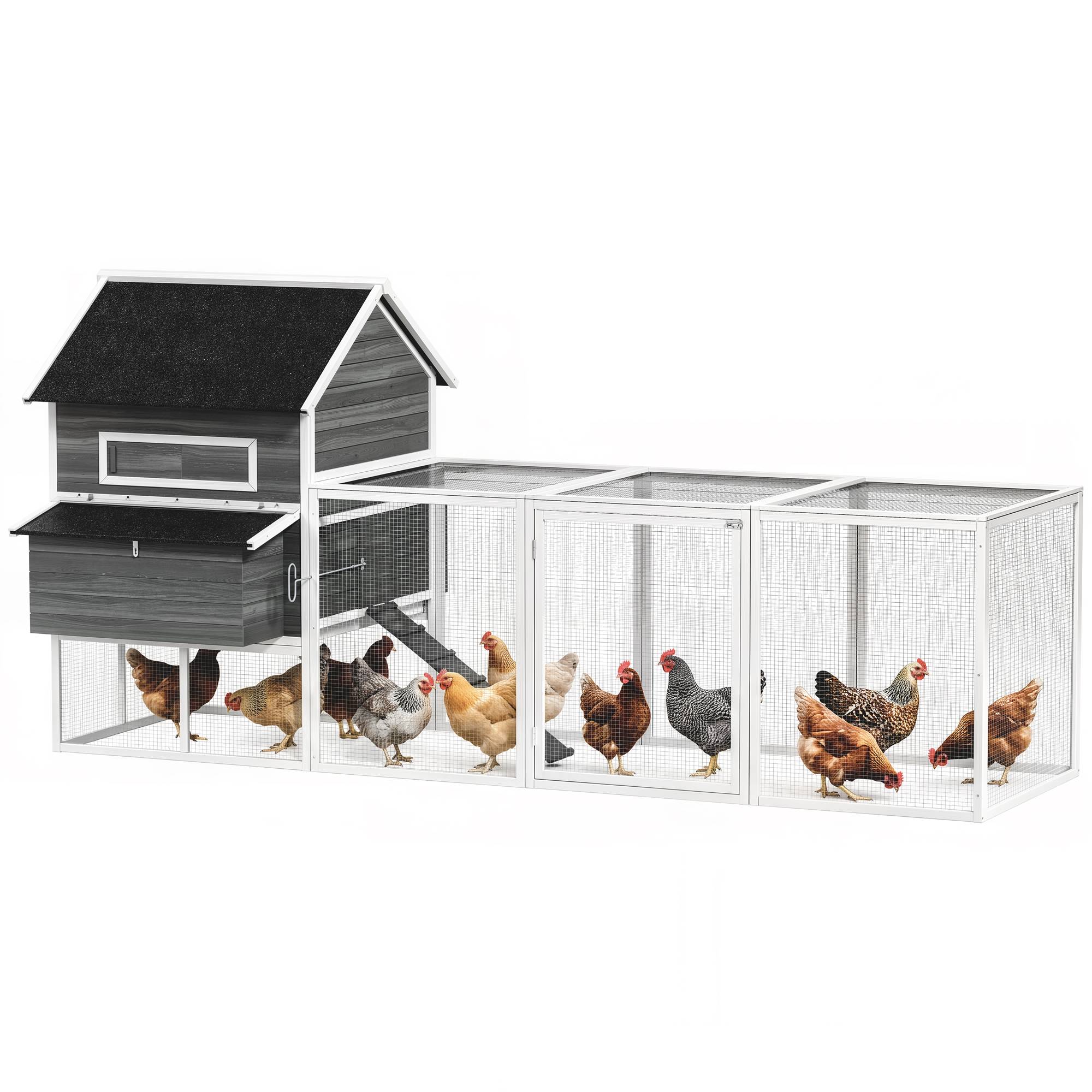 Sans Marque - Poulailler bois, enclos, nichoir, toit asphalté, bac amovible, 4-6 poules, 347x160x150 cm, Gris foncé - Image 1