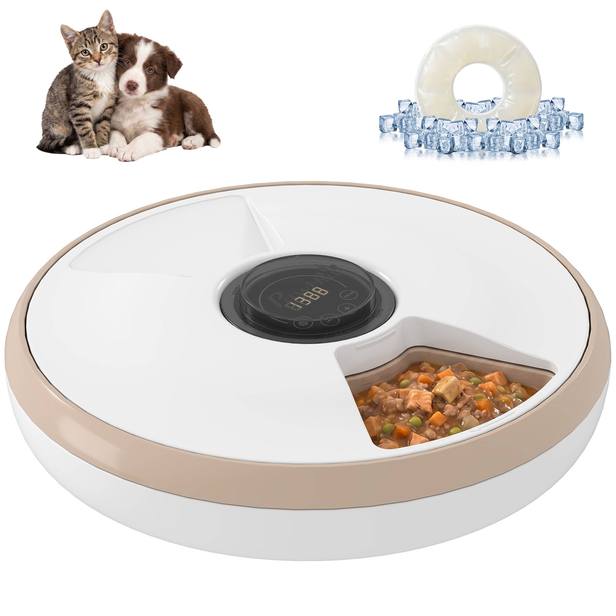Distributeur automatique de croquettes pour chats et chiens avec poche de glace, minuterie programmable, 6 gamelles, écran LED - Image 1