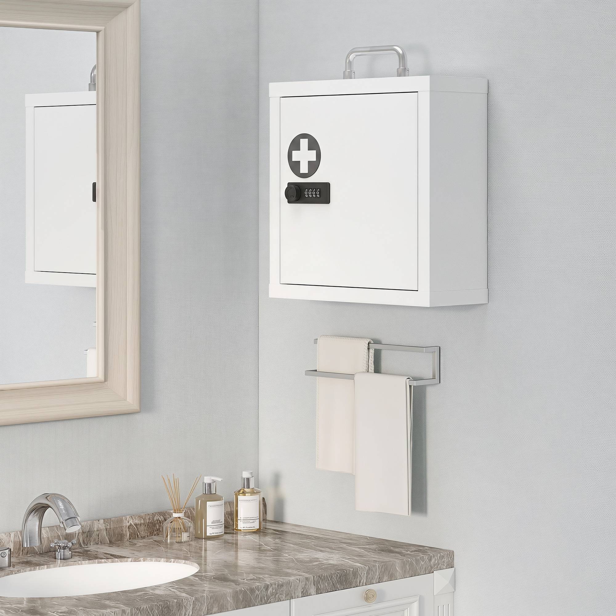 Sans Marque - Armoire à pharmacie murale avec serrure à combinaison, armoire de premiers secours à 2 niveaux en acier inoxydable, blanche - Image 4