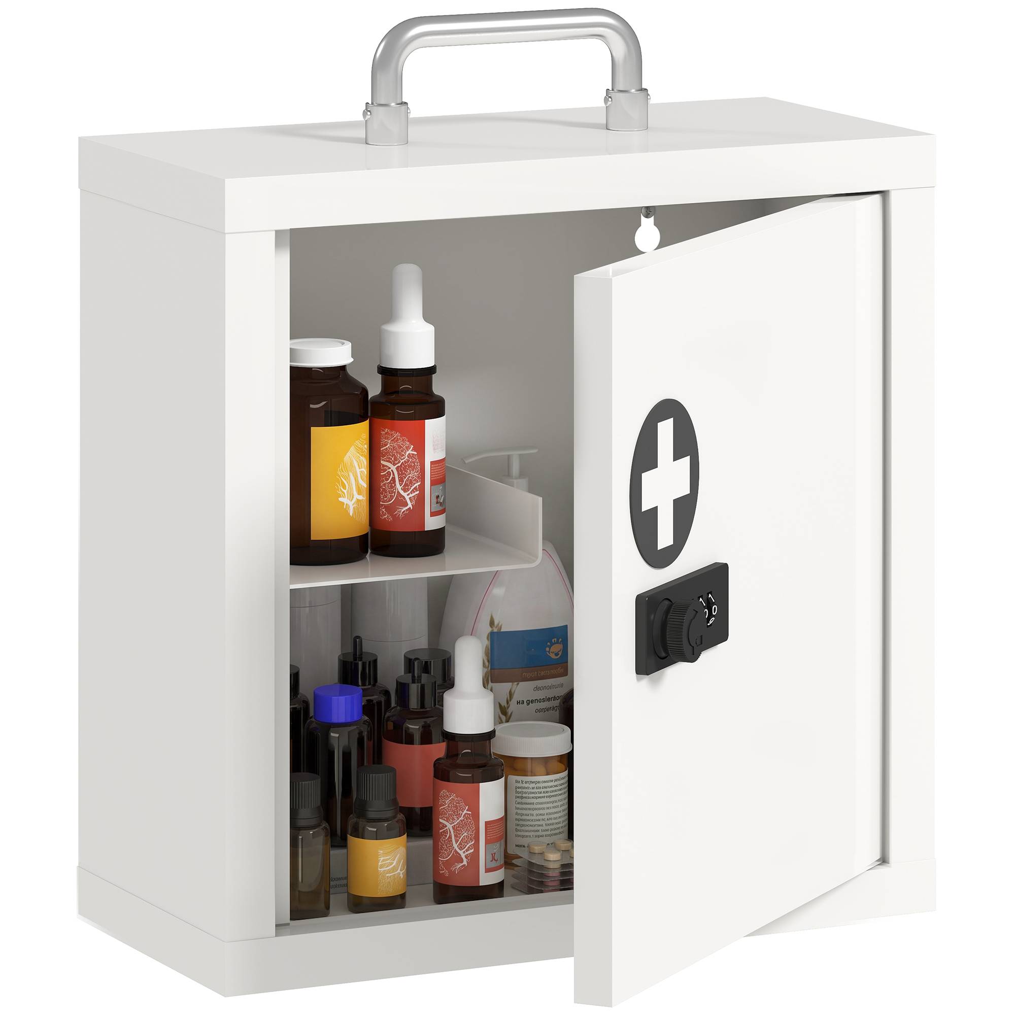 Sans Marque - Armoire à pharmacie murale avec serrure à combinaison, armoire de premiers secours à 2 niveaux en acier inoxydable, blanche - Image 1