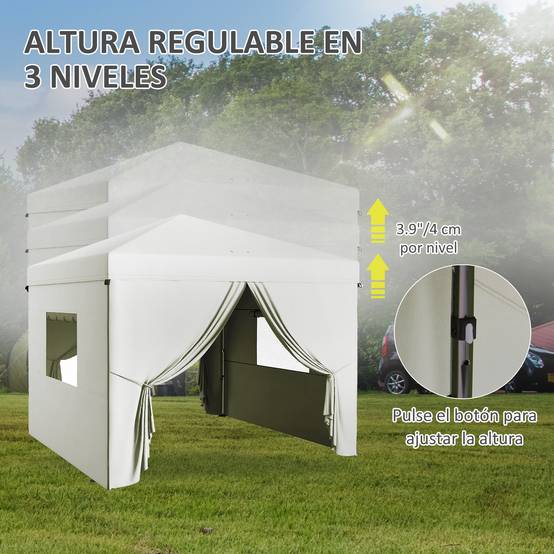 Tente pliante 3x3m avec 4 rideaux latéraux, 2 fenêtres en filet, hauteur réglable, imperméable et résistante aux UV, blanche - Image 7