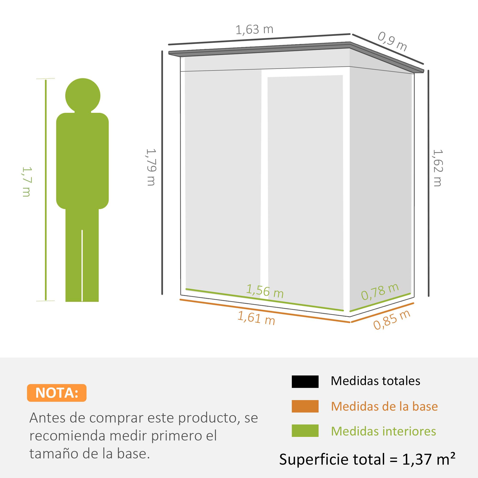 Abri de jardin extérieur 1,37 m² (163 x 90 x 179 cm) avec porte à loquet et aérations, vert - Image 5
