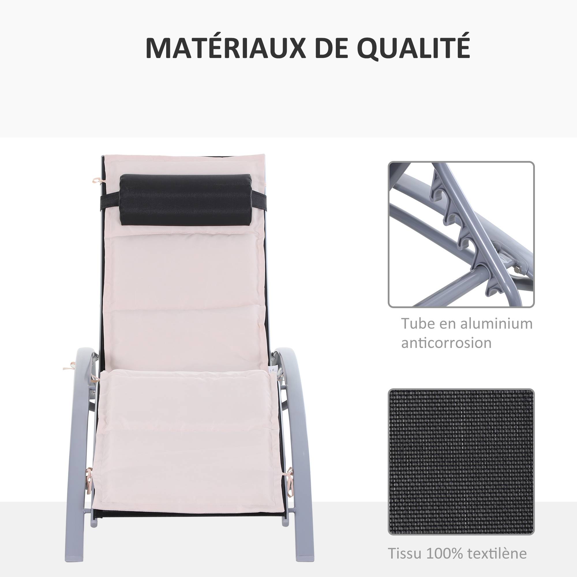 Outsunny - Bain de soleil transat design contemporain inclinable multi-positions avec matelas et tétière dim. 170L x 64l x 82H cm alu textilène beige - Outsunny - Image 4
