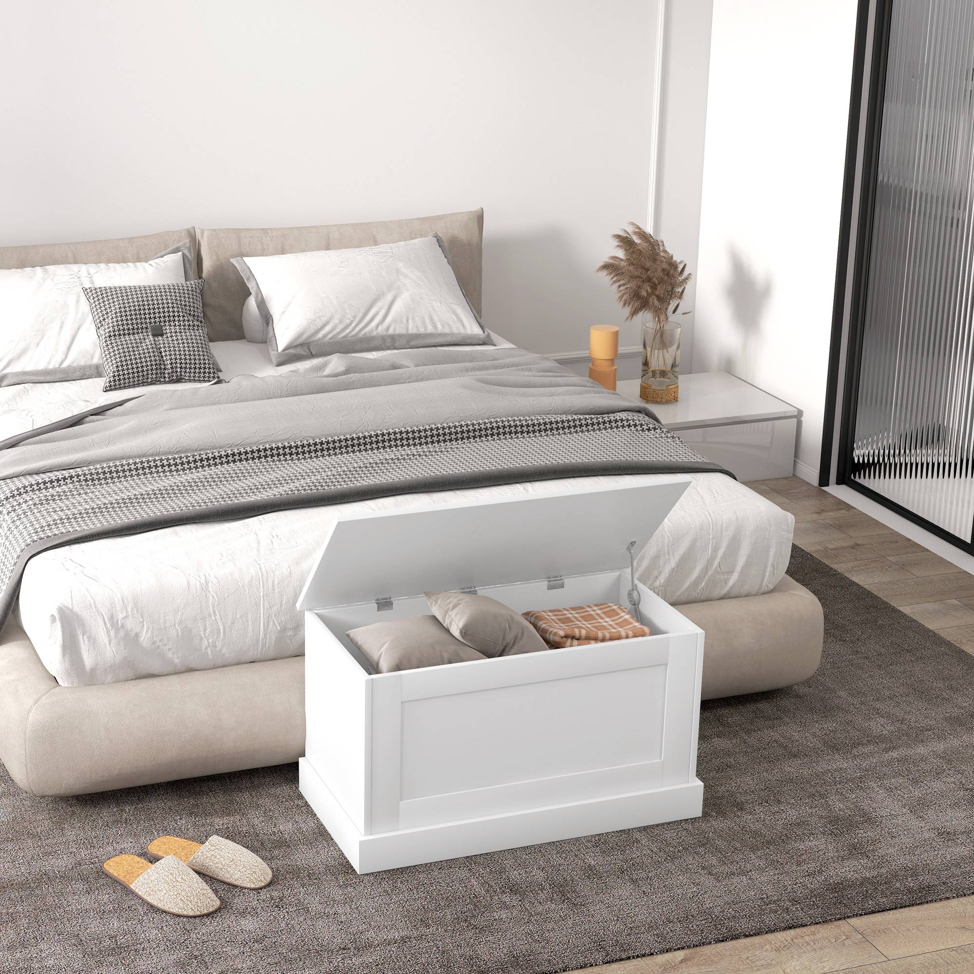 Coffre rangement bois avec charnières sécurité, banc coffre à jouets multifonction salon chambre blanc - Image 4