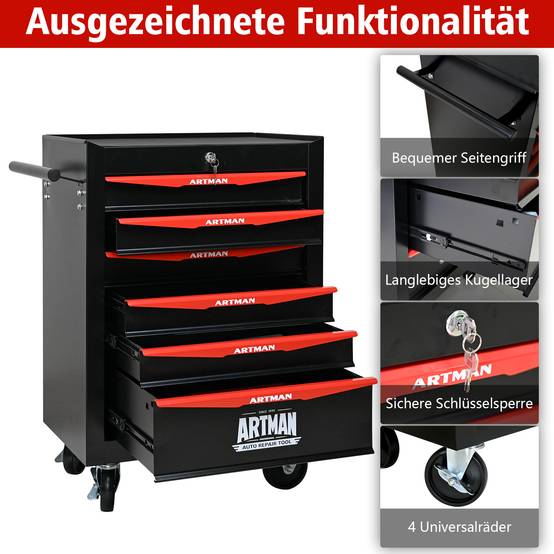 Servante d'atelier acier 6 tiroirs mobile pour garage Noir et Rouge – ComfortXL Outdoor Living - Image 4