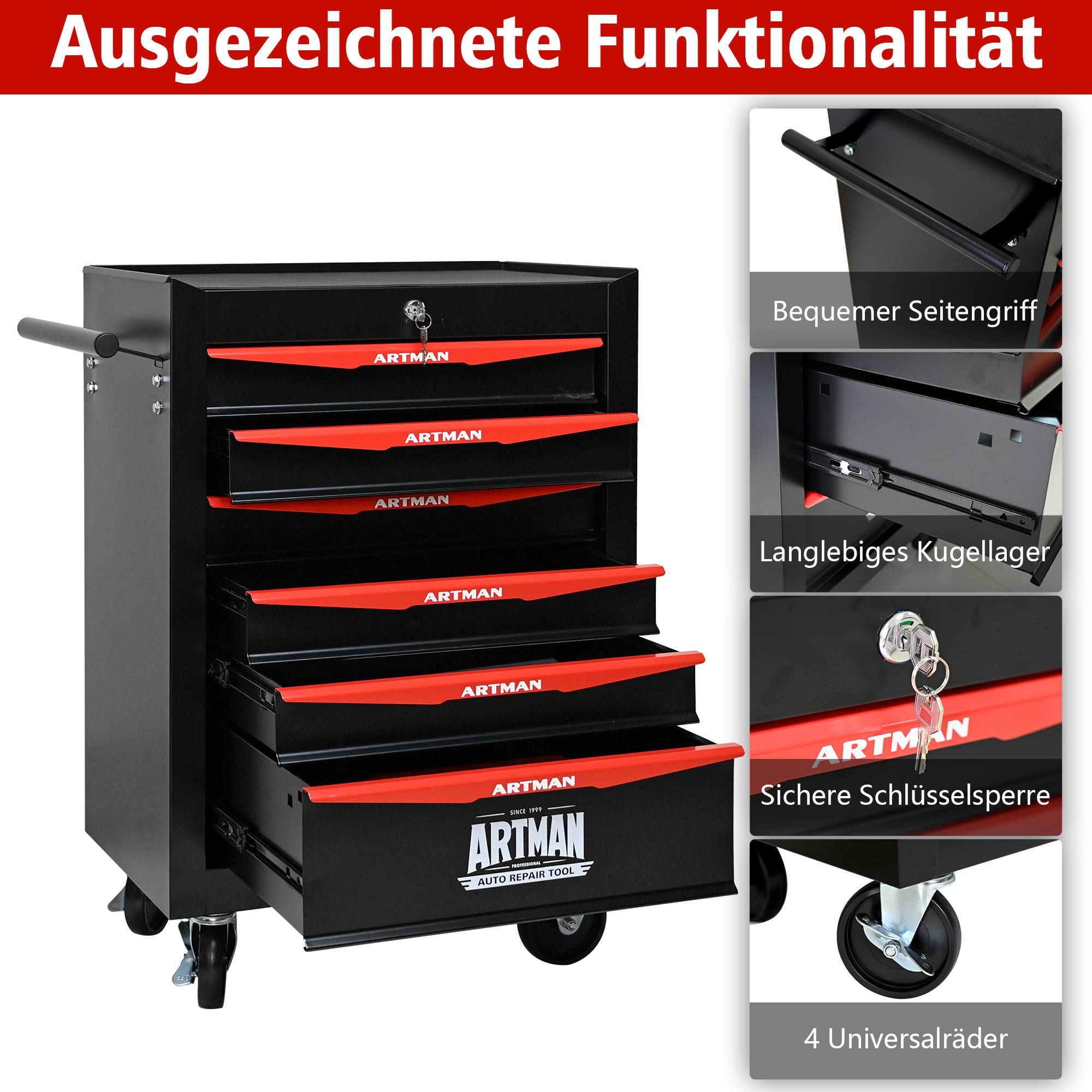 Servante d'atelier acier 6 tiroirs mobile pour garage Noir et Rouge – ComfortXL Outdoor Living - Image 4