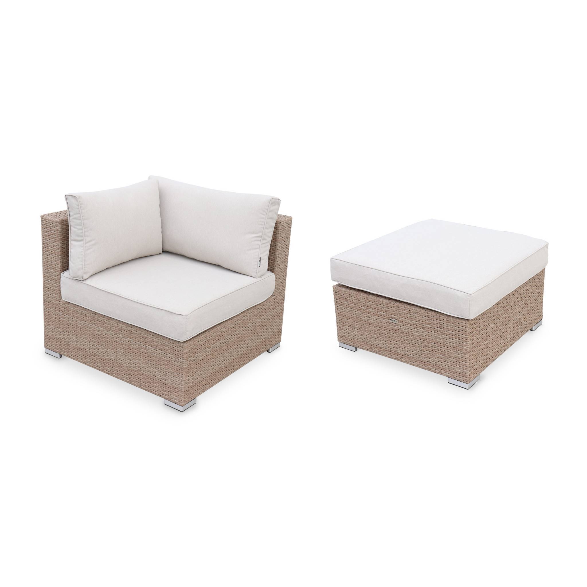Salon de jardin en résine tressée - Caligari - Beige. Coussins beige - 5 places - 1 fauteuil. 1 fauteuil sans accoudoir. 1 pouf. 2 fauteuils | sweeek - Image 4