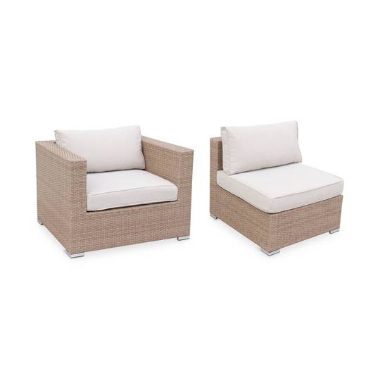 Salon de jardin en résine tressée - Caligari - Beige. Coussins beige - 5 places - 1 fauteuil. 1 fauteuil sans accoudoir. 1 pouf. 2 fauteuils | sweeek - Image 3