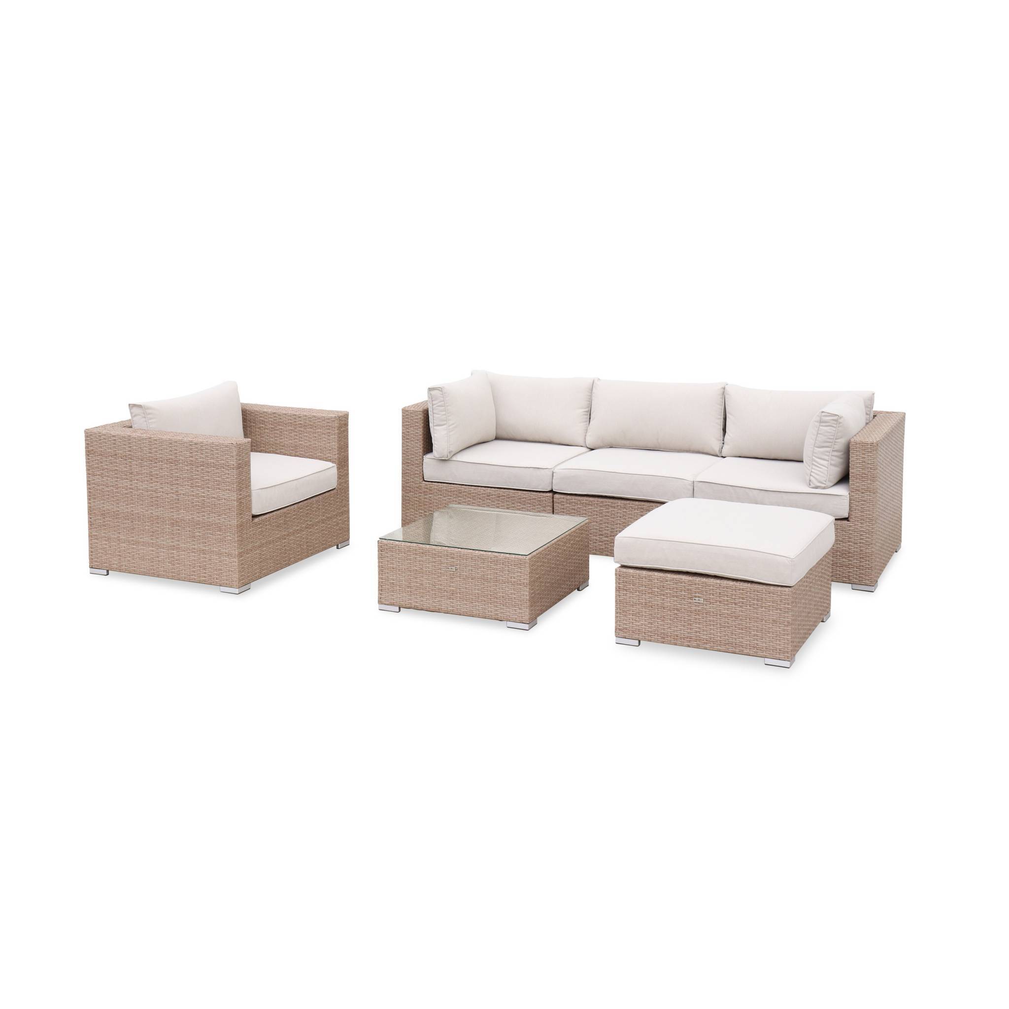 Salon de jardin en résine tressée - Caligari - Beige. Coussins beige - 5 places - 1 fauteuil. 1 fauteuil sans accoudoir. 1 pouf. 2 fauteuils | sweeek - Image 2