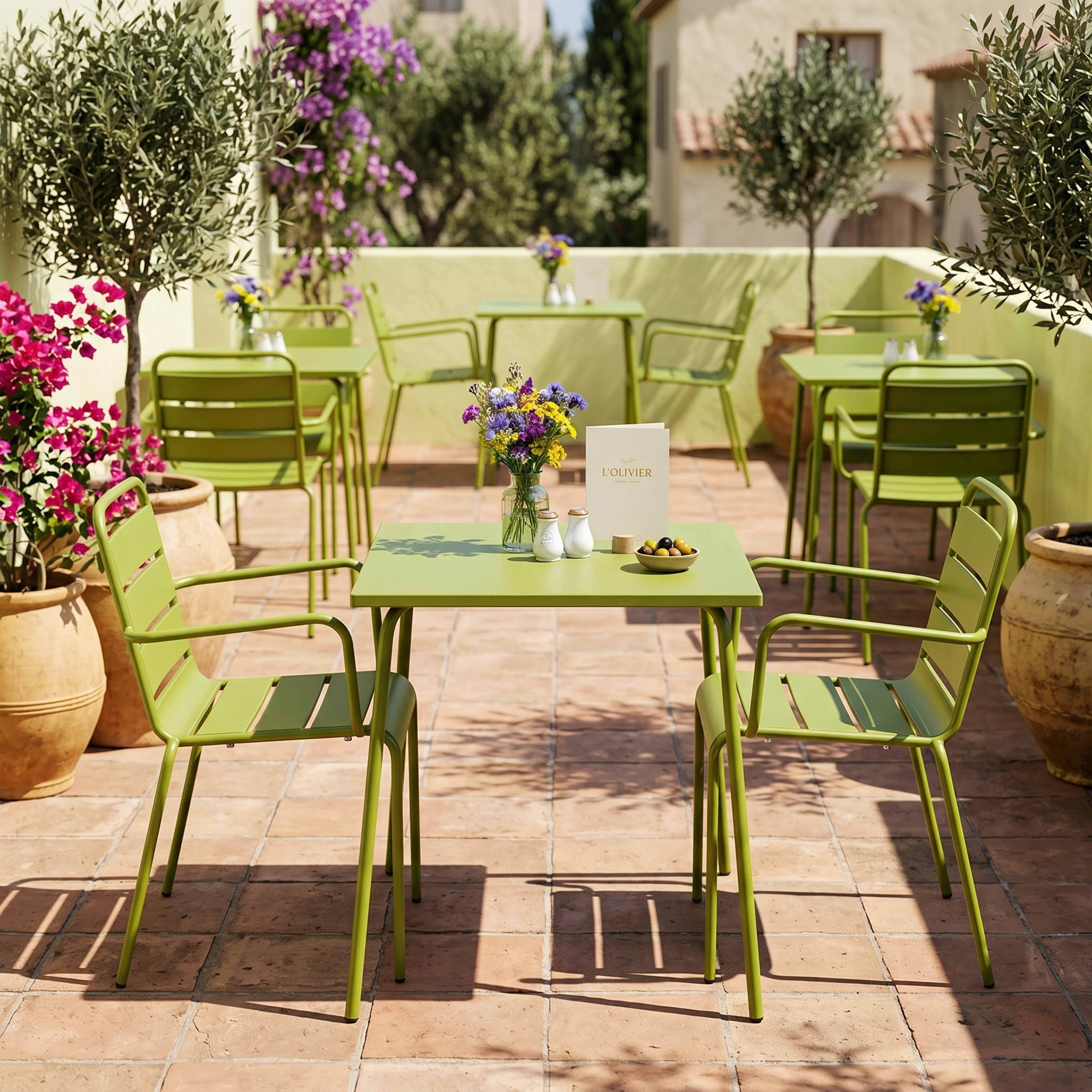 Oviala - Ensemble table de jardin carrée et 2 fauteuils acier vert Palavas - Oviala - Image 4