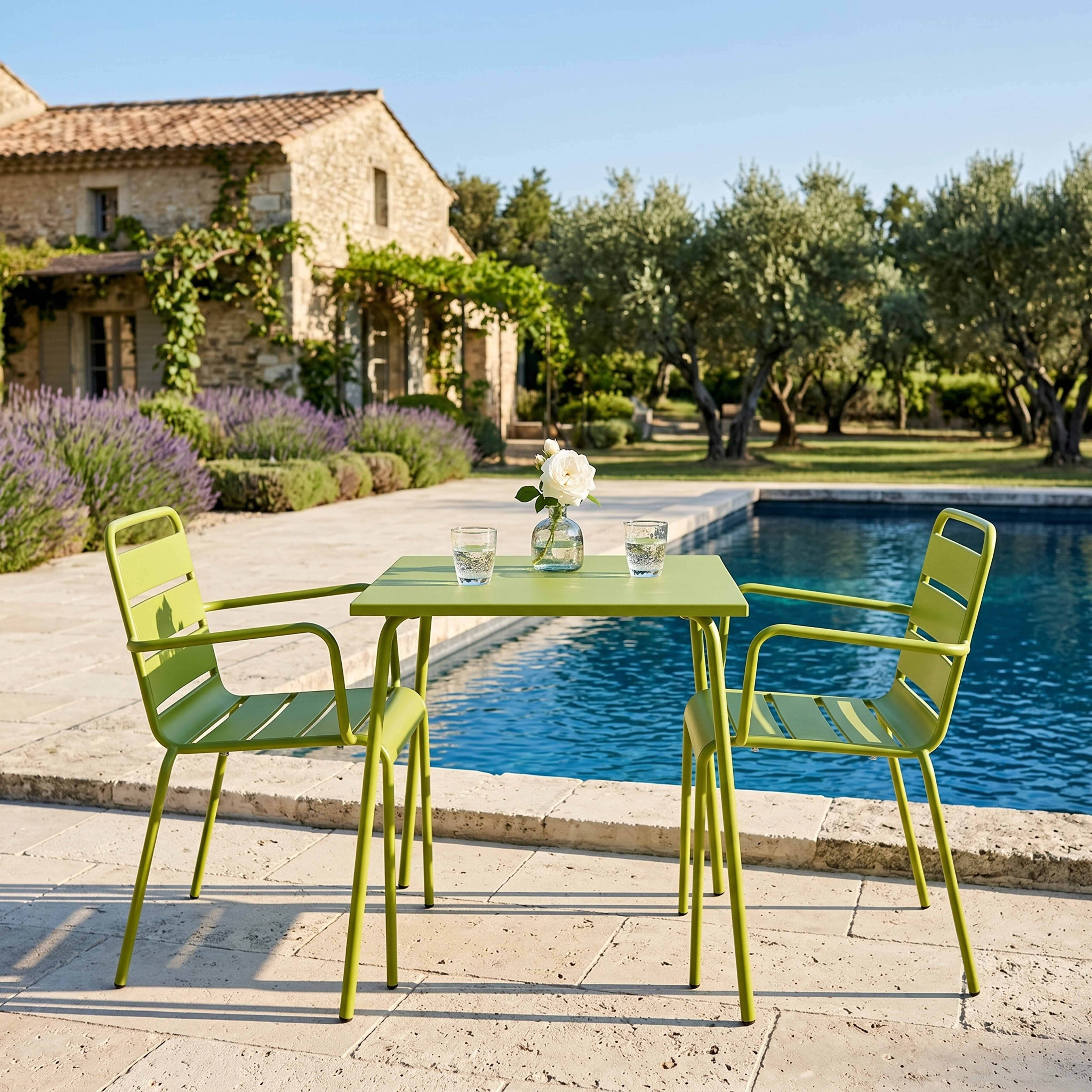 Oviala - Ensemble table de jardin carrée et 2 fauteuils acier vert Palavas - Oviala - Image 6