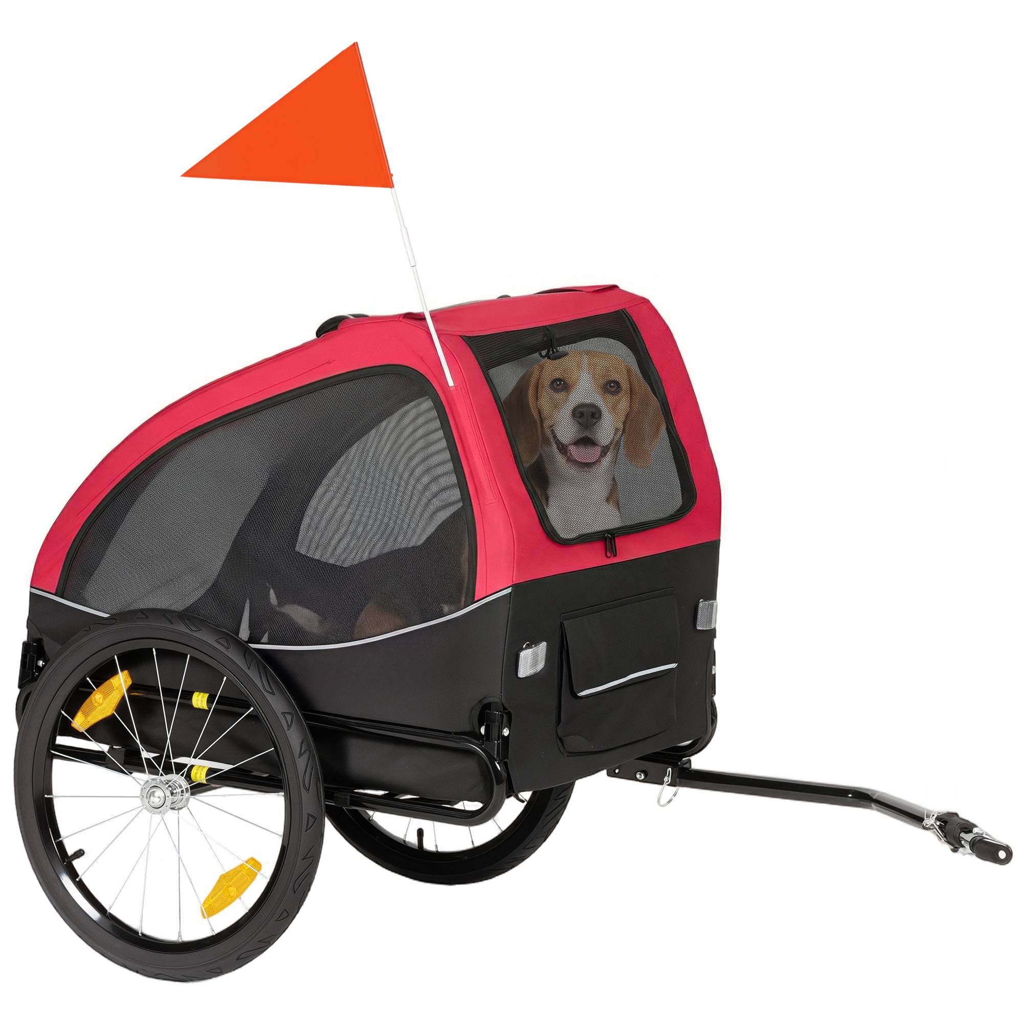 Remorque chien pliable, réflecteurs, fenêtres mesh, roues, porte, drapeau, chiens 20 kg, 138x70x89 cm, rouge - Image 1