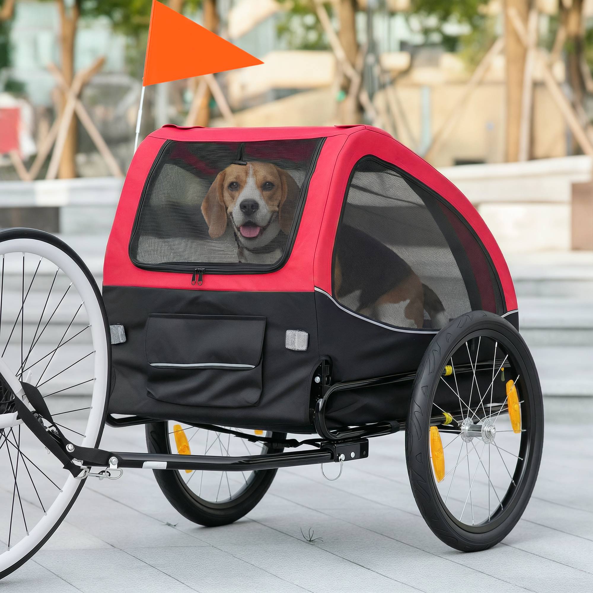 Remorque chien pliable, réflecteurs, fenêtres mesh, roues, porte, drapeau, chiens 20 kg, 138x70x89 cm, rouge - Image 4