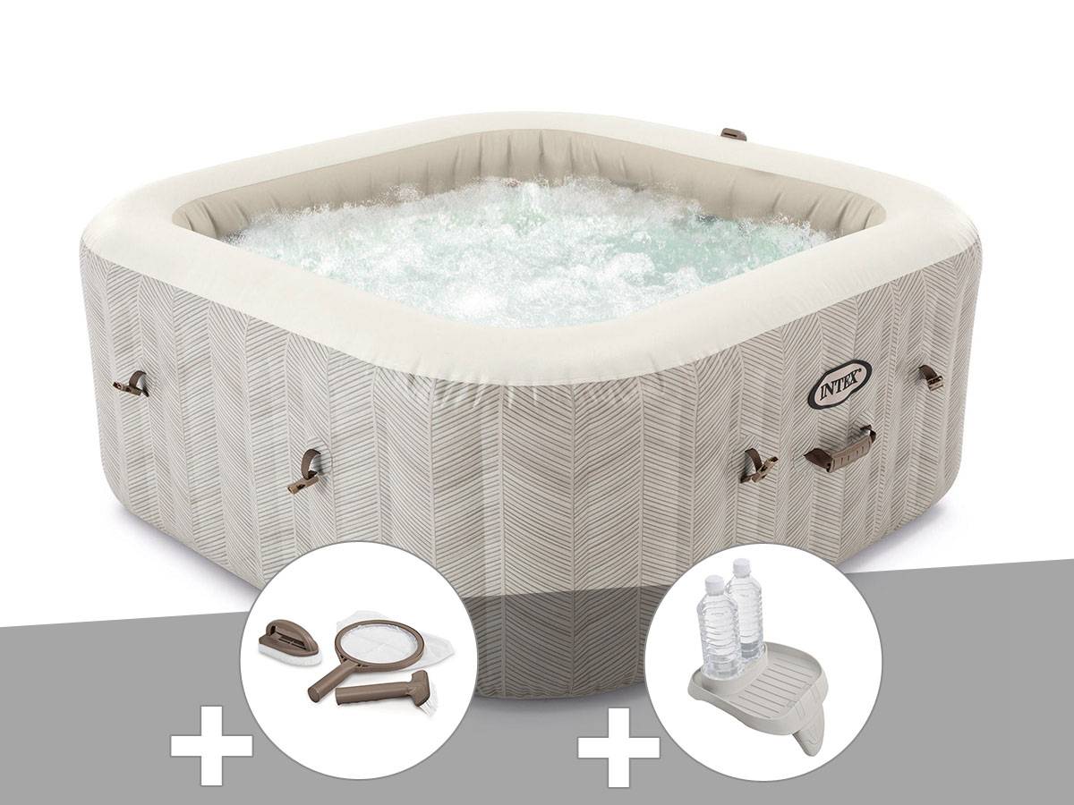 Kit spa gonflable Intex PureSpa Chevron carré Bulles 4 places + Kit d'entretien + Porte-verre