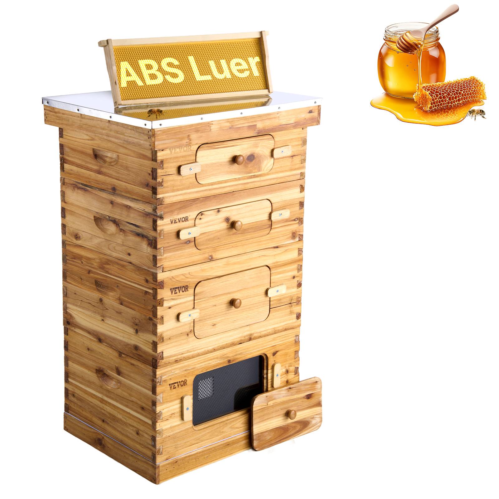 VEVOR Ruche abeilles 40 cadres, bois sapin cire d'abeille. 2 boîtes profondes, fenêtres acrylique.