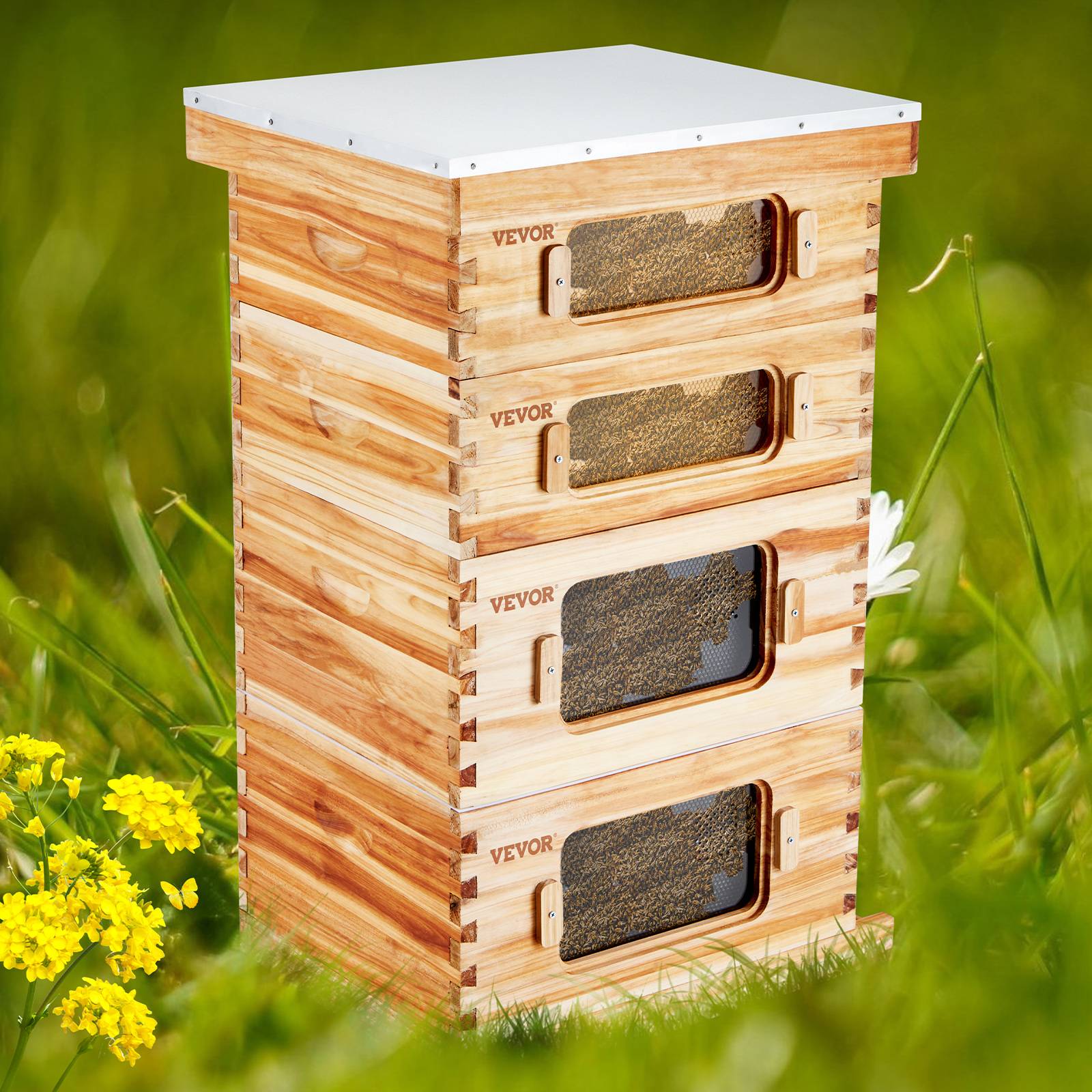 VEVOR Ruche abeilles 40 cadres, bois sapin cire d'abeille. 2 boîtes profondes, fenêtres acrylique. - Image 8