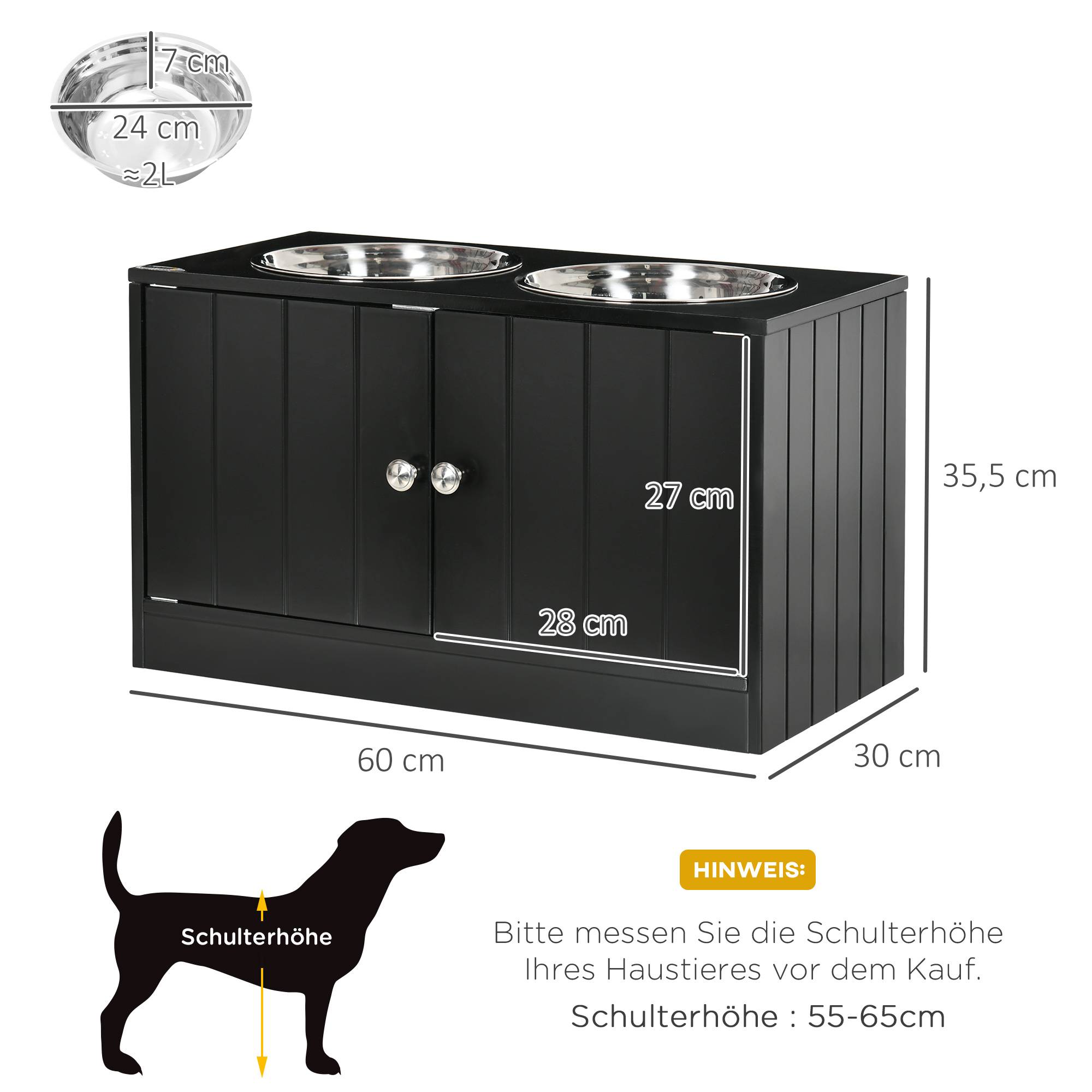 Station d'alimentation surélevée avec 2 gamelles en acier inoxydable et un espace de rangement de 44 L, portes magnétiques, pour grands chiens, noire - Image 5