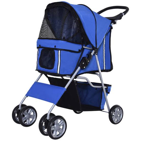 Poussette pour petit chien avec capote réglable, panier de rangement, porte-gobelet et 2 roues universelles, 75 x 45 x 97 cm, bleue - Image 2