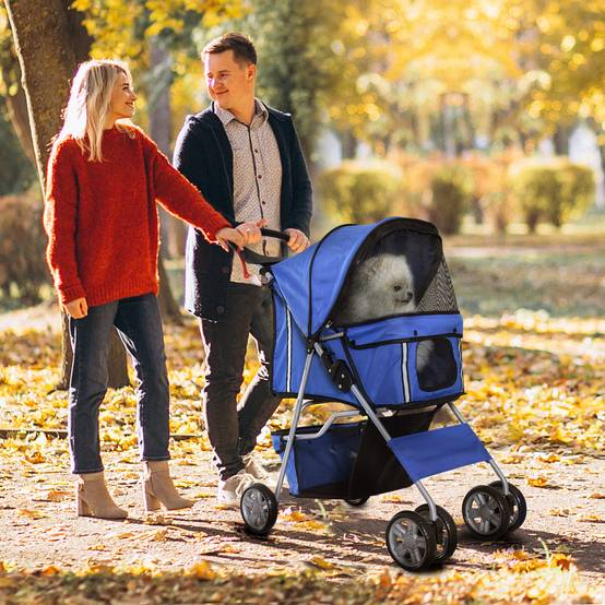 Poussette pour petit chien avec capote réglable, panier de rangement, porte-gobelet et 2 roues universelles, 75 x 45 x 97 cm, bleue - Image 4
