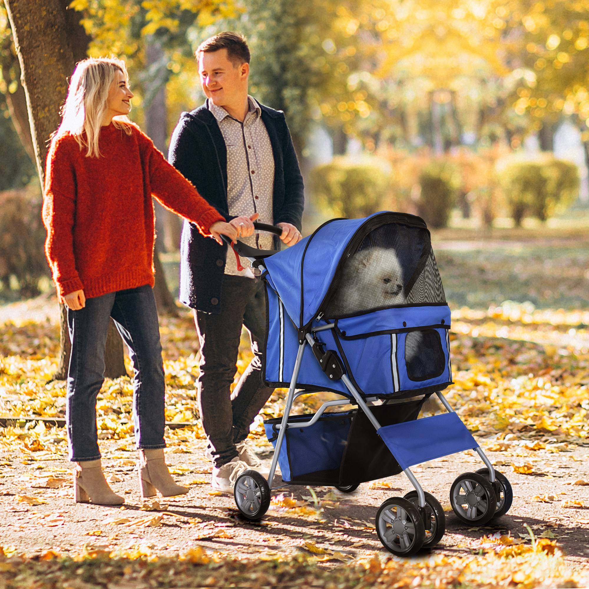 Poussette pour petit chien avec capote réglable, panier de rangement, porte-gobelet et 2 roues universelles, 75 x 45 x 97 cm, bleue - Image 4