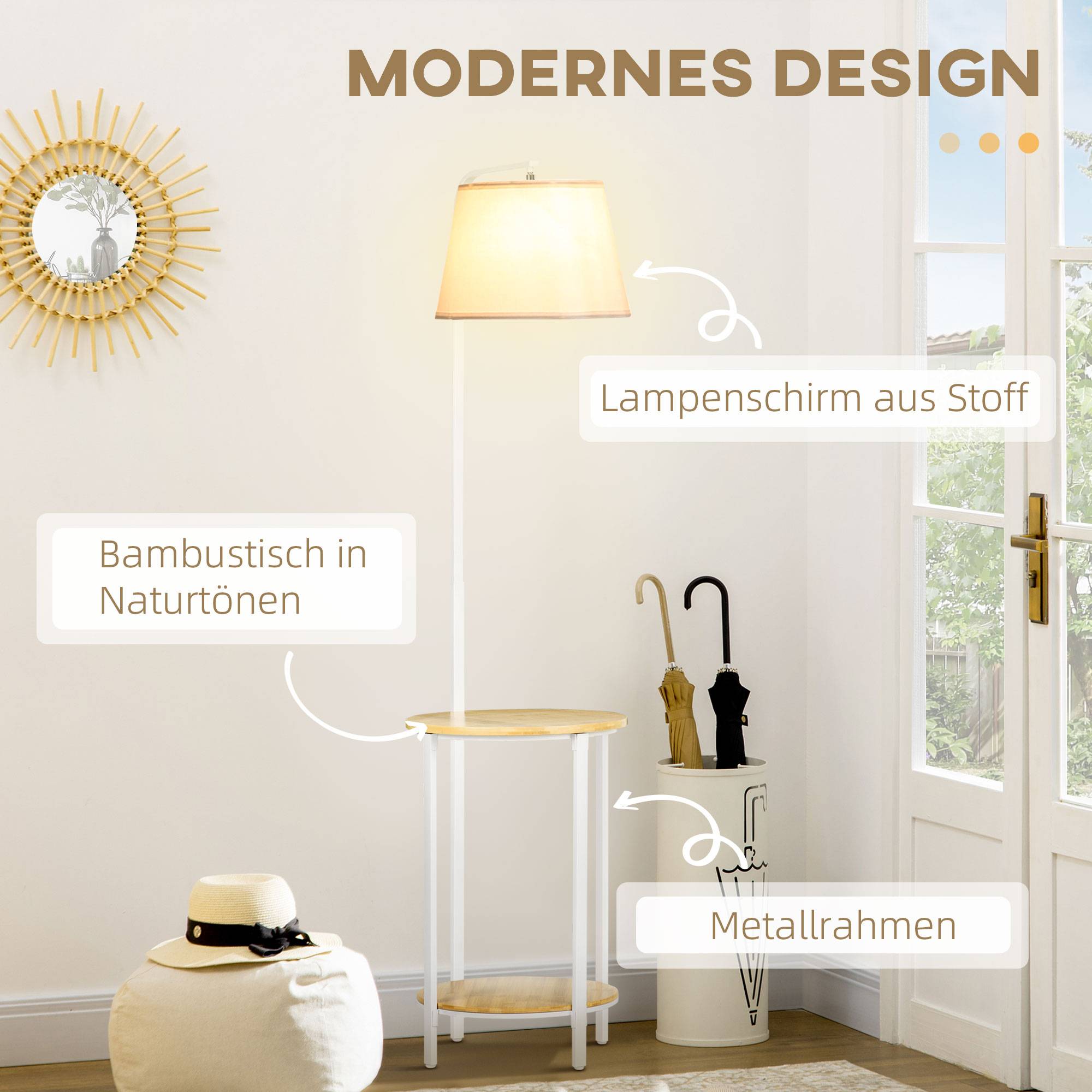 Lampadaire à 2 étagères, lampe sur pied, interrupteur au pied, 40 W, culot E27, naturel et blanc - Image 7