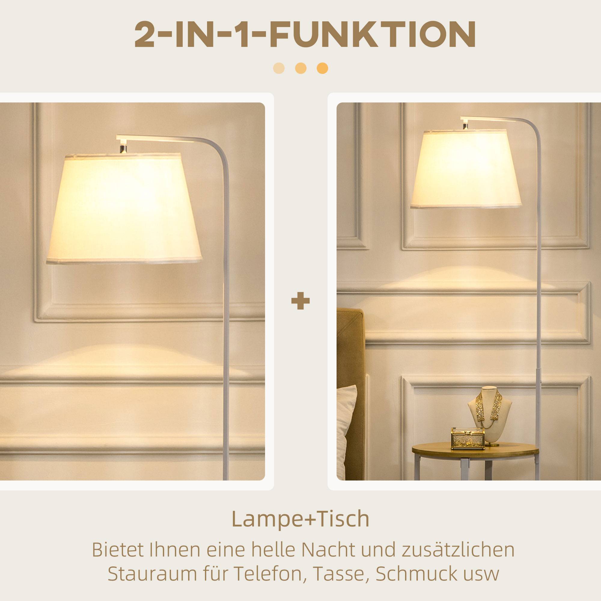 Lampadaire à 2 étagères, lampe sur pied, interrupteur au pied, 40 W, culot E27, naturel et blanc - Image 6