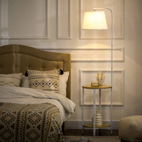 Lampadaire à 2 étagères, lampe sur pied, interrupteur au pied, 40 W, culot E27, naturel et blanc - Image 4