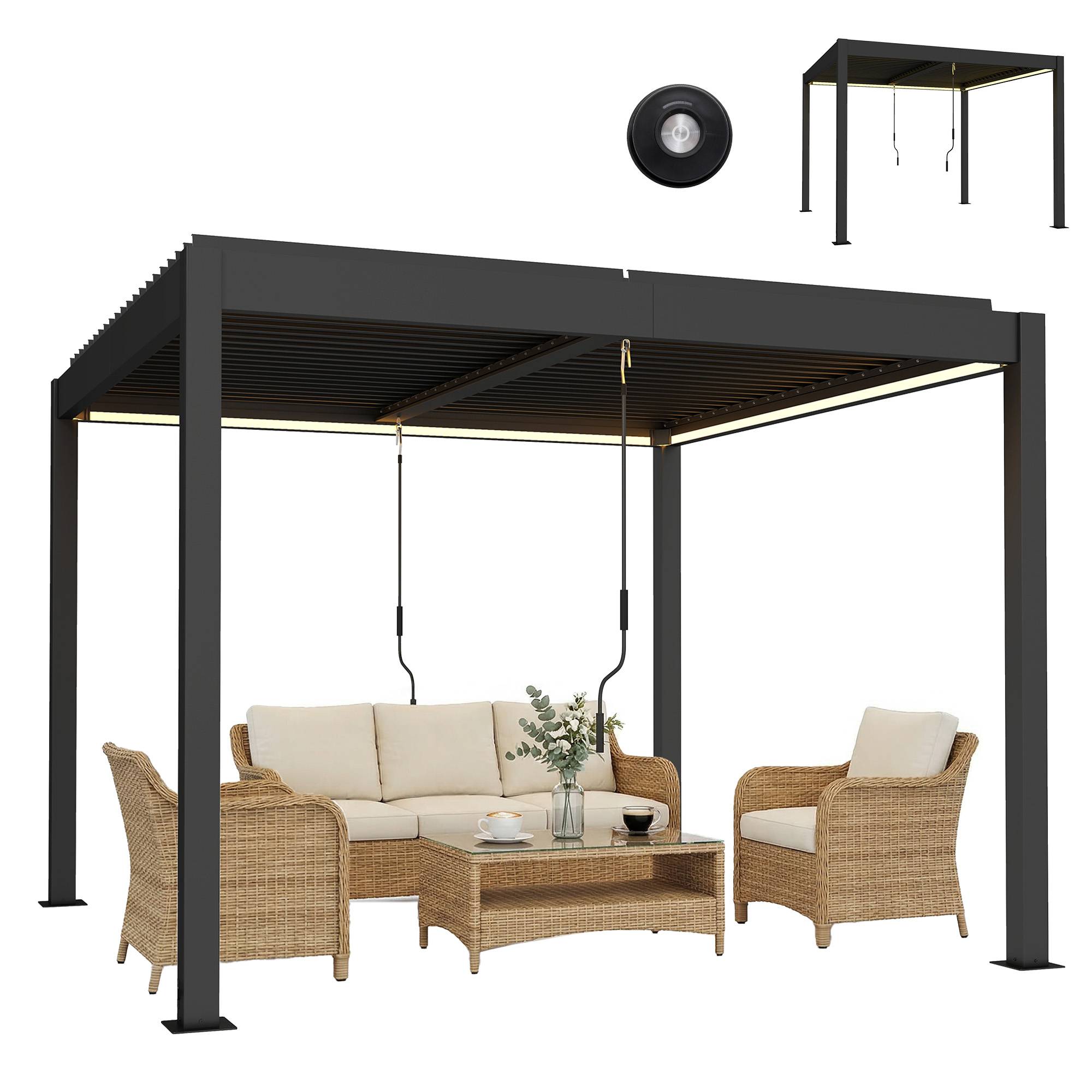 Pergola bioclimatique aluminium terrasse lames orientables LED 3x3m gris foncé - ComfortXL Outdoor Living - Image 1