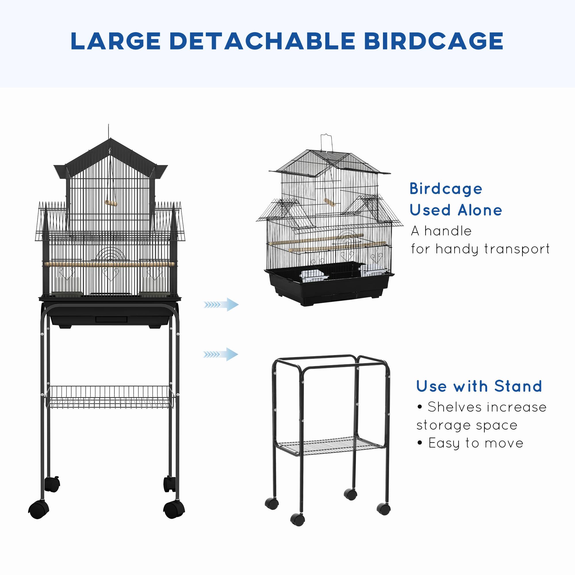 Pawhut - Cage à oiseaux design maison mangeoires perchoirs 3 portes plateau excrément amovible noir - Image 4