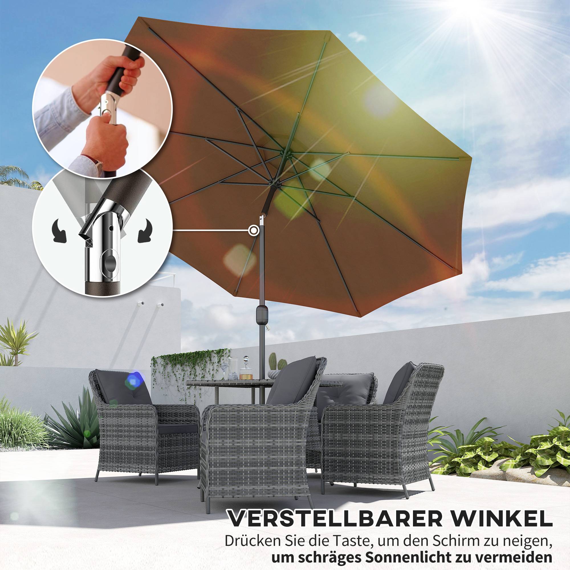 Parasol inclinable Acier Jardin Terrasse Protection UV manivelle Ø295cm Marron café - ComfortXL Outdoor Living - Image 4