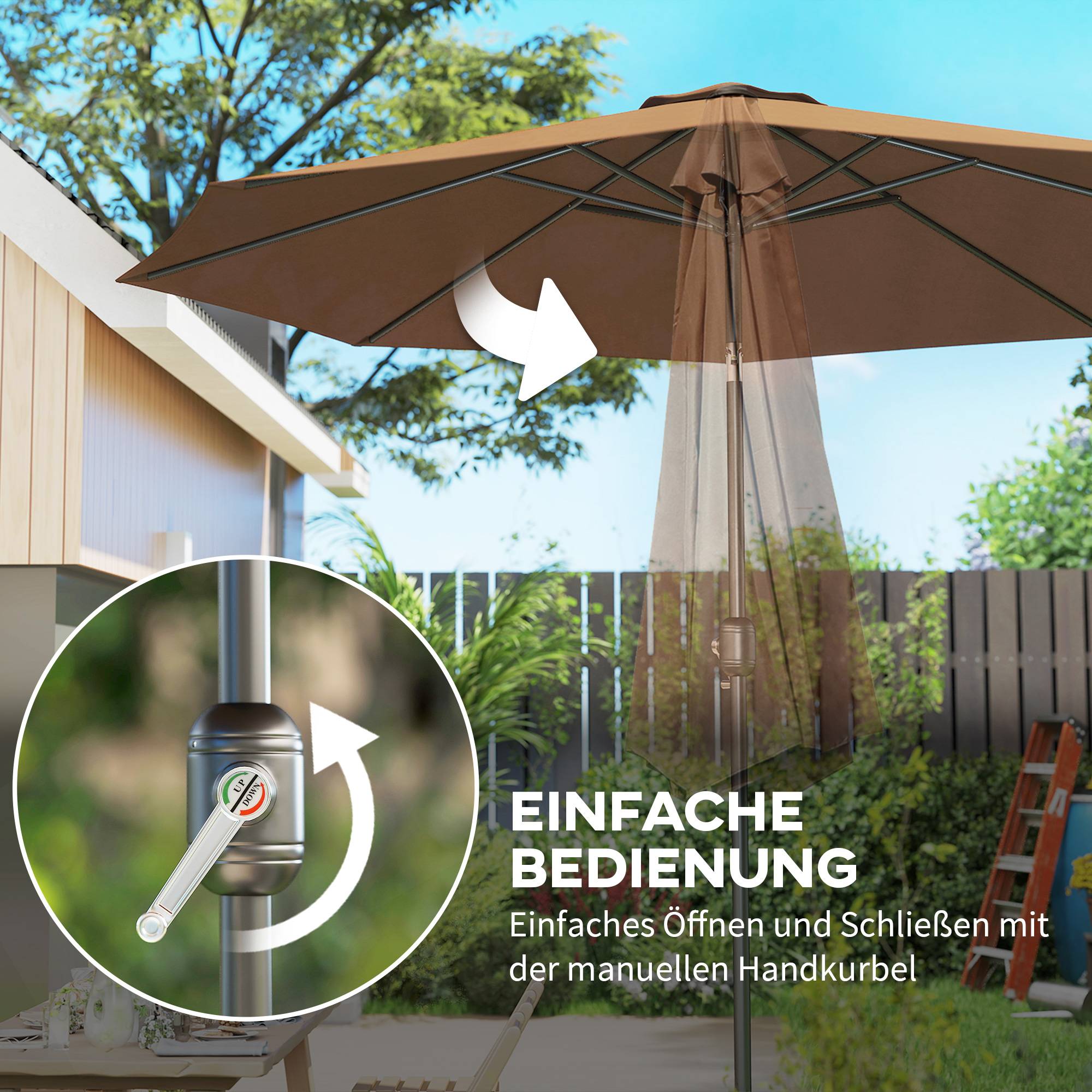 Parasol inclinable Acier Jardin Terrasse Protection UV manivelle Ø295cm Marron café - ComfortXL Outdoor Living - Image 5