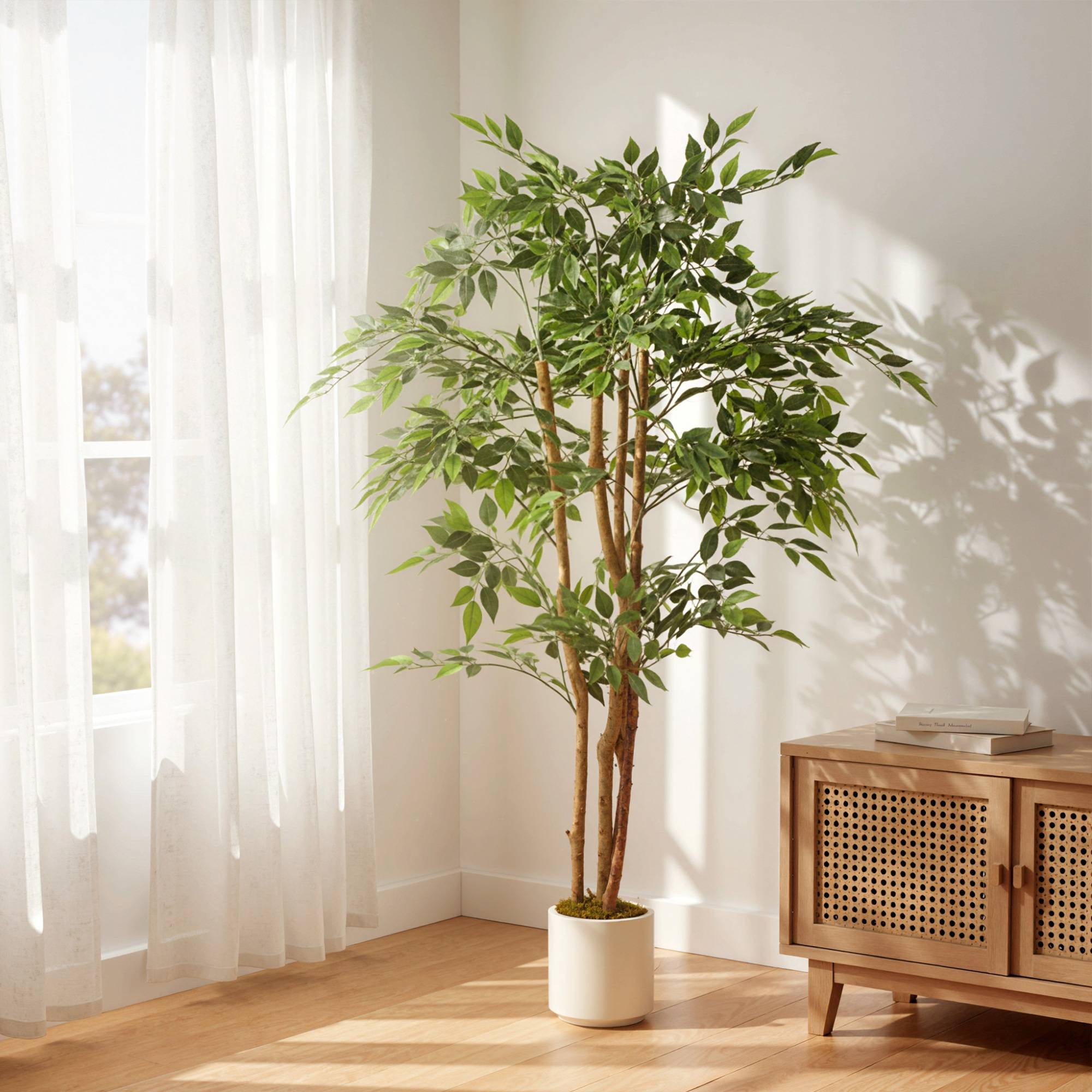 Plante artificielle intérieure 150 cm banian arbre artificiel, pot en plastique et tronc en bois massif, vert - Image 3