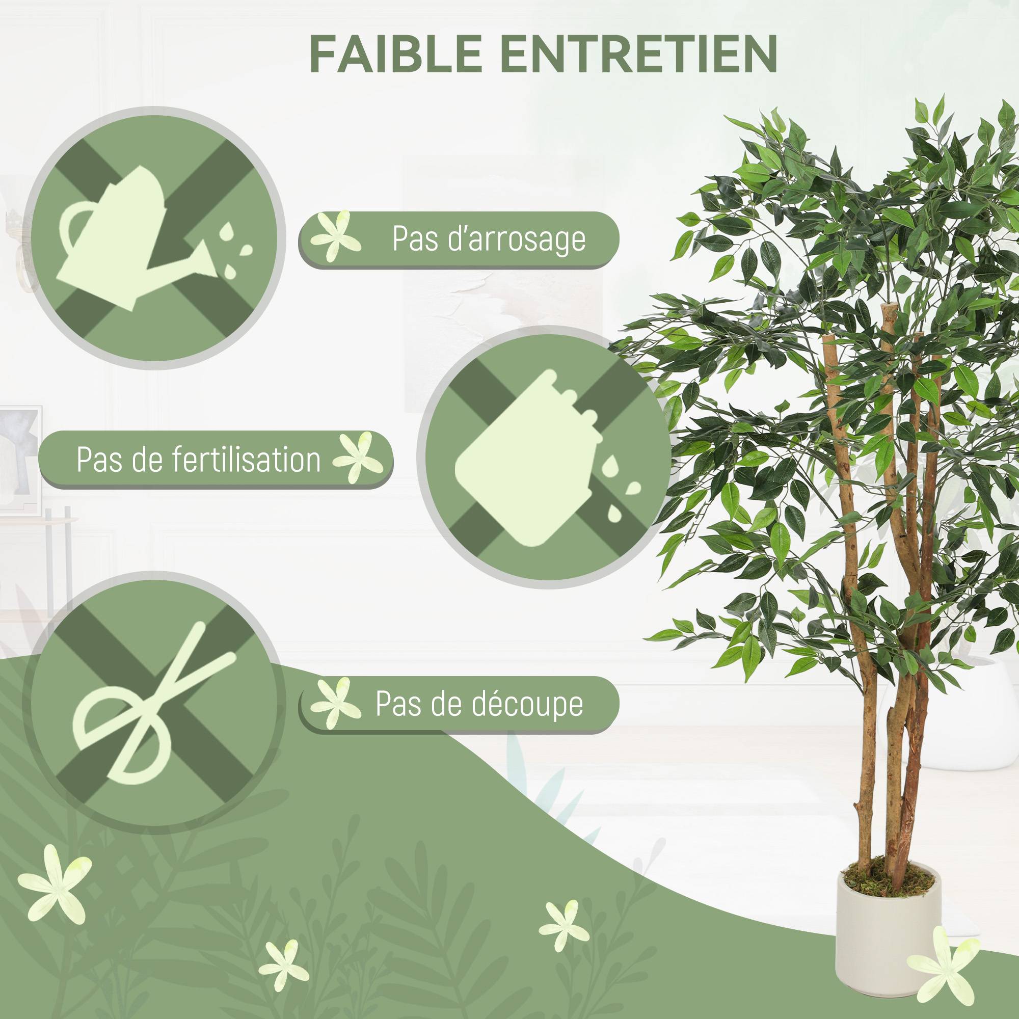 Plante artificielle intérieure 150 cm banian arbre artificiel, pot en plastique et tronc en bois massif, vert - Image 7