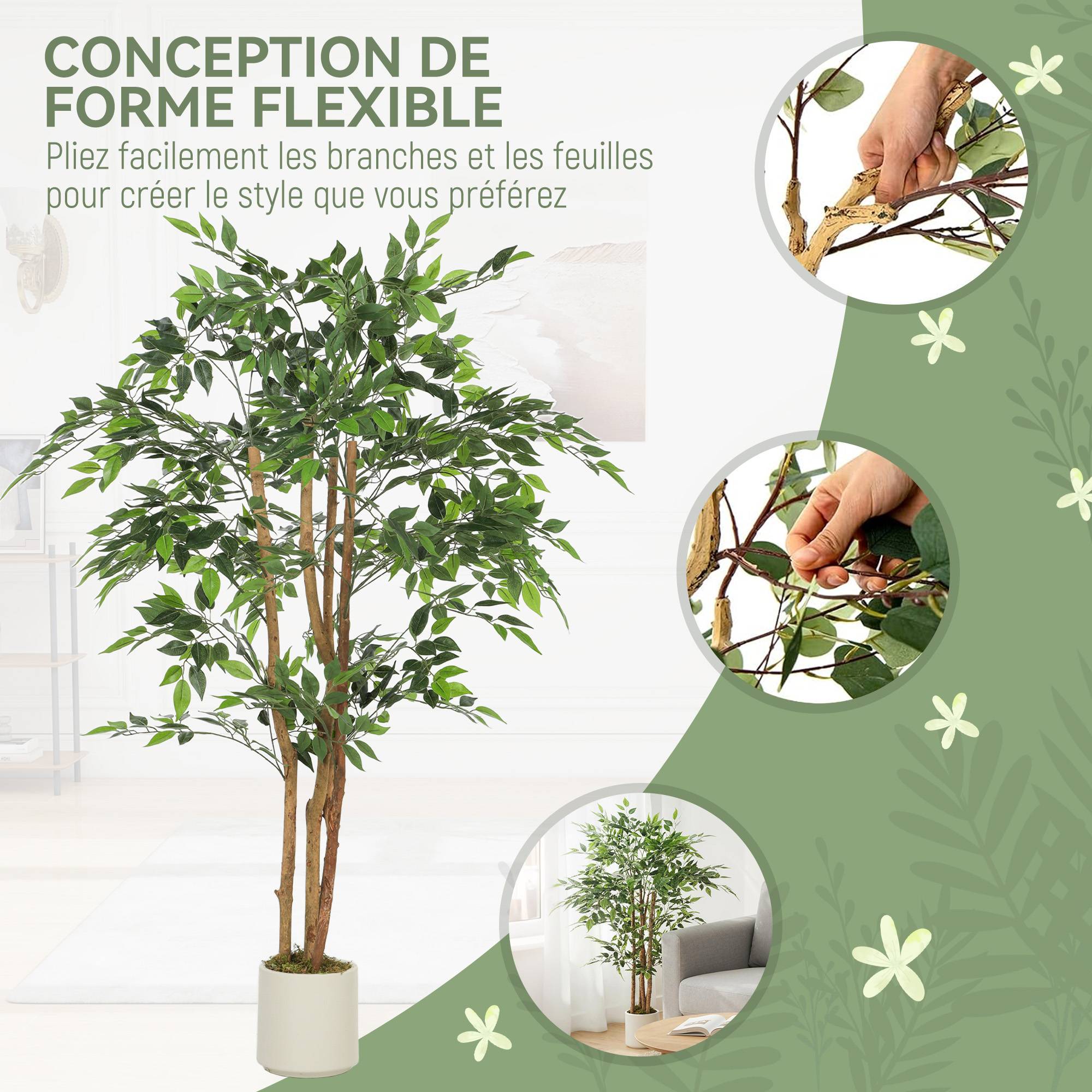 Plante artificielle intérieure 150 cm banian arbre artificiel, pot en plastique et tronc en bois massif, vert - Image 8