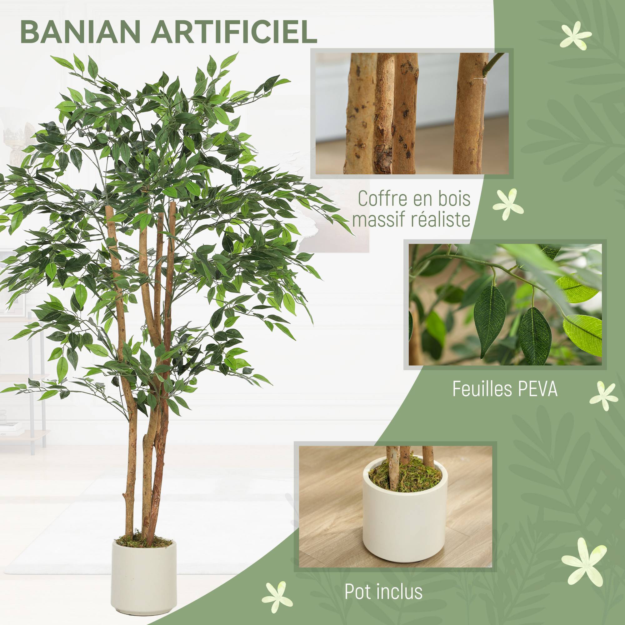 Plante artificielle intérieure 150 cm banian arbre artificiel, pot en plastique et tronc en bois massif, vert - Image 6