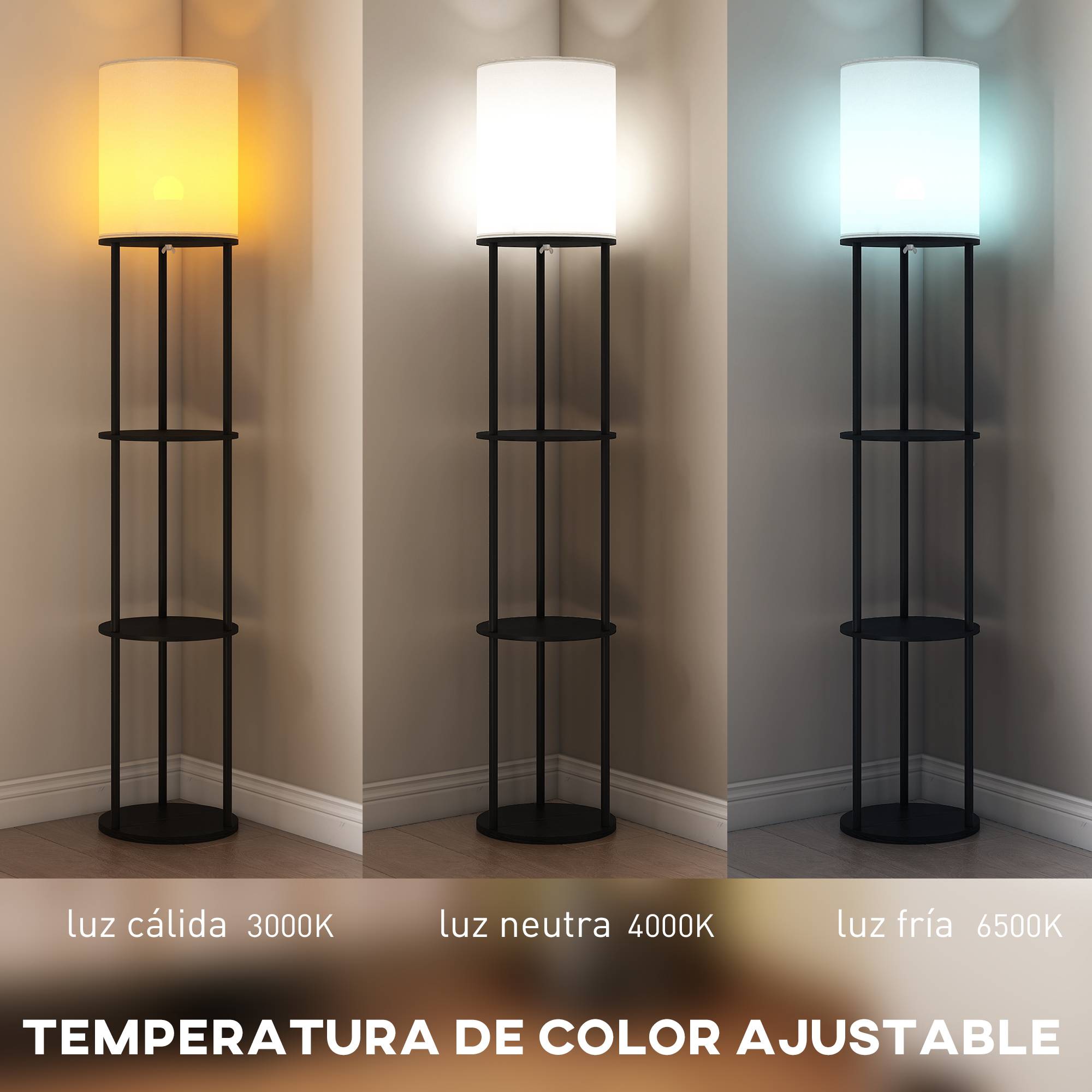 Lampadaire noir à étagères 3 teintes lumineuses télécommandé salon bureau et chambre - Image 6
