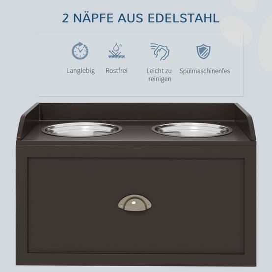 ComfortXL - Station repas surélevée pour grand chien MDF et inox 60 x 30 x 36 cm brune avec 2 gamelles et tiroir 21 L - Image 6