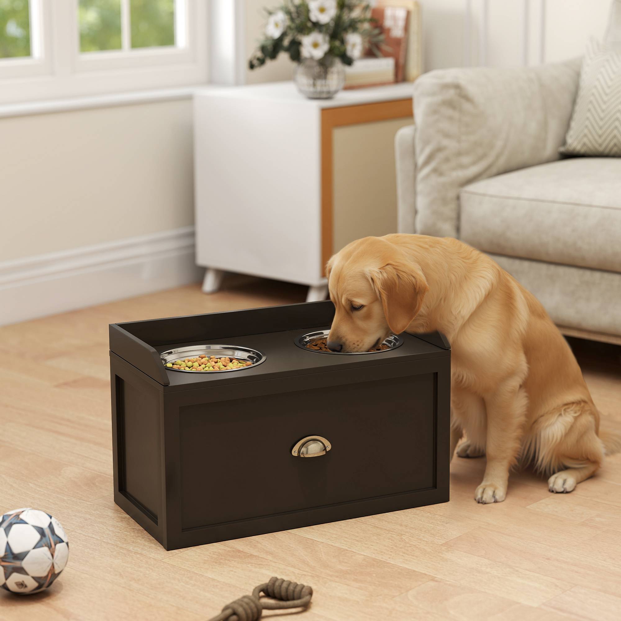 ComfortXL - Station repas surélevée pour grand chien MDF et inox 60 x 30 x 36 cm brune avec 2 gamelles et tiroir 21 L - Image 1