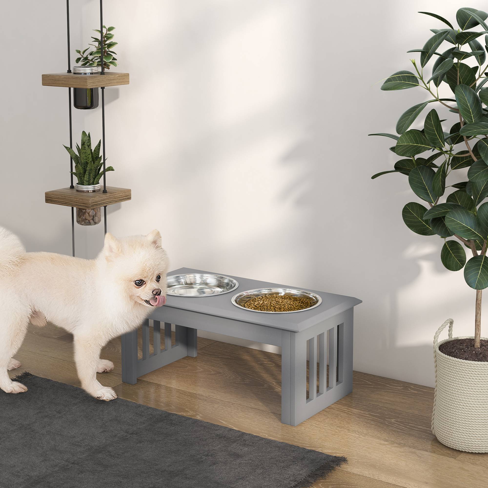Sans Marque - Station alimentation chien 2 gamelles inox antidérapantes 58,4x30,5x25,4 cm grise - Image 3