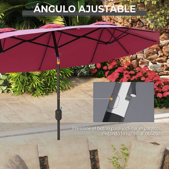 Parasol double de jardin 295 x 152 x 222 cm avec inclinaison à 45° et manivelle manuelle pour terrasse, balcon ou piscine, rouge - Image 6